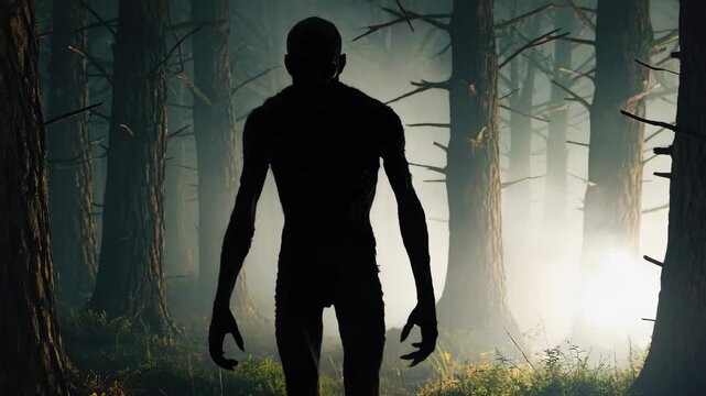 Spooky, creepy humanoid creature walking through a foggy forest at night, creating a chilling and suspenseful atmosphere perfect for halloween or horror projects