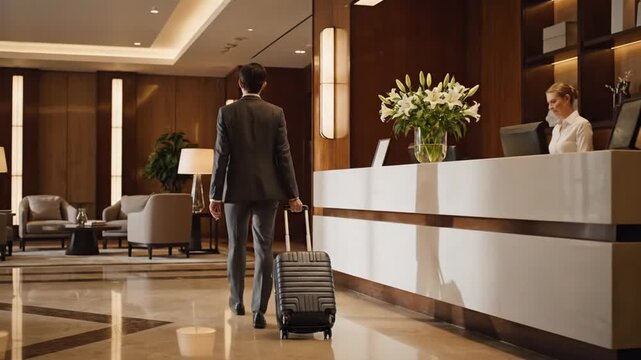 Elegant Hotel Arrival Man in Dark Suit Pulling Suitcase Across Marble Floors Eye-Level Shot Luxurious Lobby White Reception Desk and Friendly Receptionist Hospitality and Professional Atmosphere