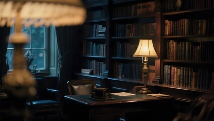 Cozy Study Room with Bookshelves and Desk Lamp