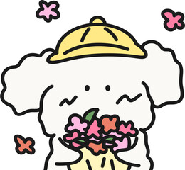 Puppy Holding Flower Bouquet Illustration, Isolated Background. Lovely Gift, Cute Cartoon Animal Design