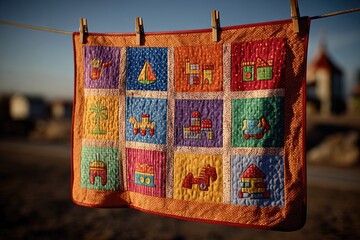 Colorful quilted baby blanket, hanging outdoors