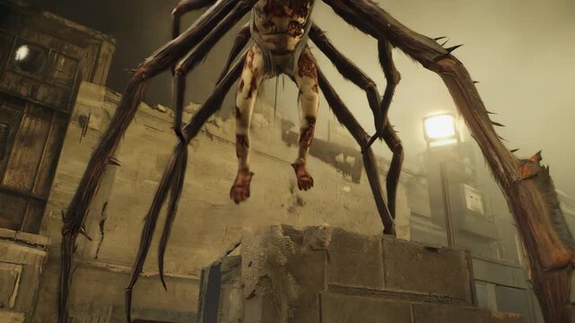 Emerging from the rubble of a post-apocalyptic city, a giant spider monster with long legs and a grotesque human torso creates an atmosphere of terrifying horror