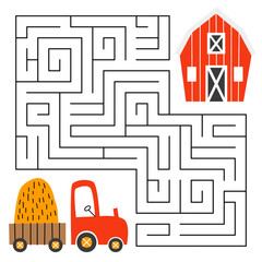 Farm maze game for kids. Cute truck looking for a way to the barn. Printable worksheet with solution for school and preschool. Vector cartoon illustration.