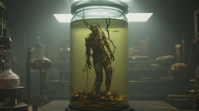 Humanoid creature wrapped in roots is preserved in a jar filled with liquid, inside a mysterious, dimly lit laboratory filled with scientific equipment