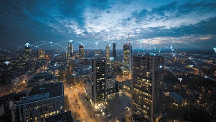 Aerial view of a city at night, illuminated skyscrapers connected by digital network