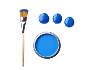 Artist s paintbrush and blue paint in a tin with three paint blobs isolated on transparent background
