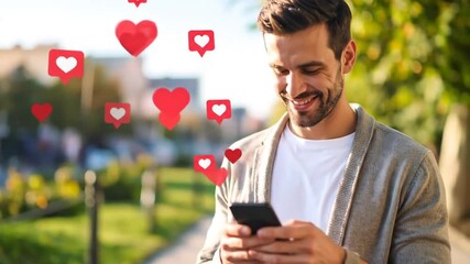 Happy man gets social media likes with hearts emojis, and sunny day park background.