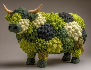 Sculptural cow formed from broccoli