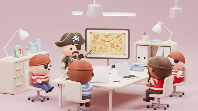 Funny Chibi Pirate Office Business Meeting. Cute Pirate Teamwork Illustration. International Talk Like a Pirate Day