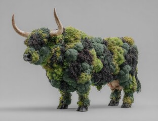 A stylized bull covered in moss and lichen