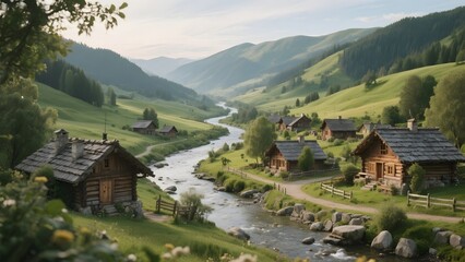 Rustic Village Nestled in a Lush Valley with a Winding River