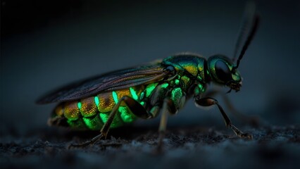 A close-up of a metallic green insect with iridescent exoskeleton standing on a dark surface.