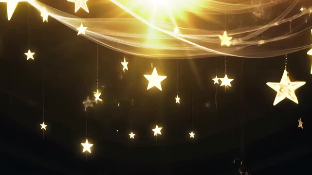 Hanging glowing golden star decorations with string lights in warm festive illumination, beautiful indoor holiday celebration scene