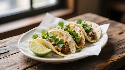 Three tacos with cilantro and lime served on a rustic wooden table