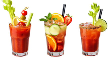 Bloody Mary, Pimms cup, Ceasar cocktail PNG set bundle, transparent isolated background. Mixology, eatable brunch bar menu cocktails, colorful vibrant ... 



