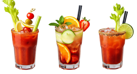 Bloody Mary, Pimms cup, Ceasar cocktail PNG set bundle, transparent isolated background. Mixology, eatable brunch bar menu cocktails, colorful vibrant ... 



