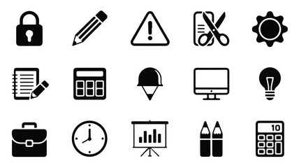 Black and white business icons for presentations and documents lock pencil