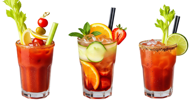 Bloody Mary, Pimms cup, Ceasar cocktail PNG set bundle, transparent isolated background. Mixology, eatable brunch bar menu cocktails, colorful vibrant ... 



