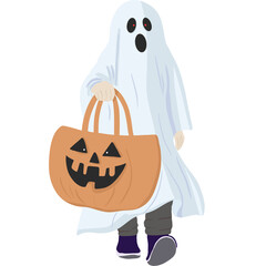 Cute white ghost with pumpkin bag perfect for Halloween designs for kid books, and magical themed artwork.
