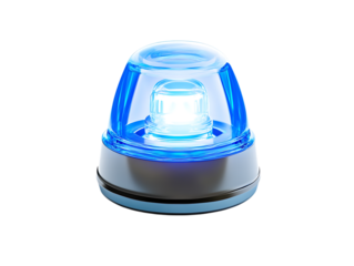 Bright blue emergency strobe light with clear dome isolated on transparent background