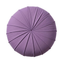 Round purple velvet pleated cushion top view isolated