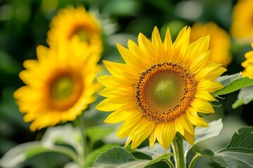 Fototapeta premium Beautiful sunflowers blooming in summer field close-up, macro photography of bright yellow flowers with green leaves and blurred natural background for garden and nature concepts