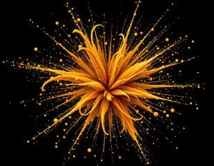 Obraz premium Abstract golden exploding starburst with many small particles scattered against a black background