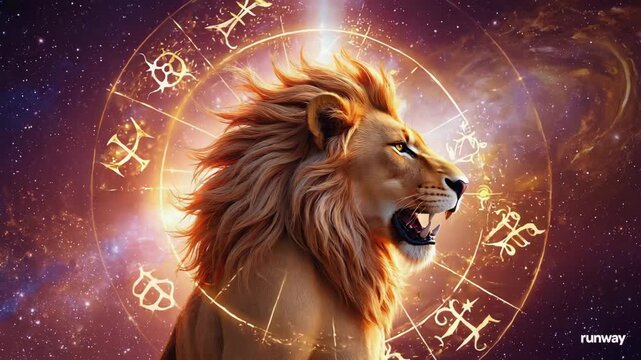 Majestic lion roaring against a cosmic backdrop, encircled by a golden zodiac wheel, embodying the essence of astrology, power, and the leo zodiac sign&rsquo;s strength and pride