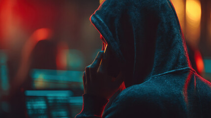 Cyber fraudster executing vishing and smishing scams with deepfake technology in a dark hacker lair