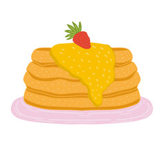 Stack of pancakes vector illustration. Hand drawn pancakes with syrup and strawberry
