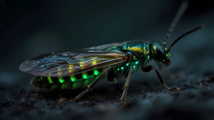 A close-up of a metallic green insect with iridescent wings and legs, set against a dark background.