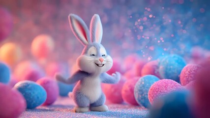 Animated Easter Bunny breakdancing with glittery confetti bursts and a pile of painted Easter eggs glowing behind - Powered by Adobe