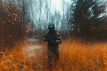 Naklejka premium Paintball player on the forest field photography protection screenshot.