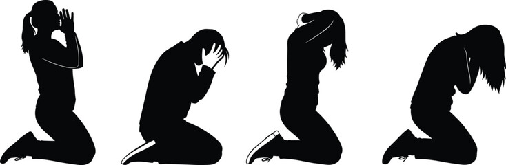 Silhouette vector of kneeling people in emotional poses with hands on head, expressing distress, prayer, sorrow, and deep contemplation