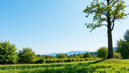 Fototapeta premium A lone oak tree stands in a sunny meadow with rolling hills and a clear blue sky in the distance