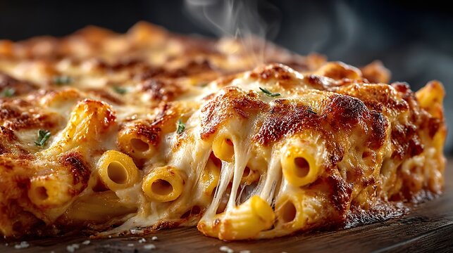 High-resolution close-up of baked ziti with melty cheese topped with fork ready to serve and enjoy