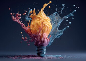 Colorful lightbulb exploding with vibrant liquid splashes