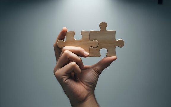 Hand holding wooden puzzle pieces fitting together, problem solving and teamwork concept