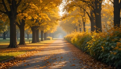 Fototapeta premium Autumn park path covered with golden leaves, soft sunlight