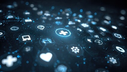 Digital health icons overlayed on a dark background.  Abstract representation of connected medical data