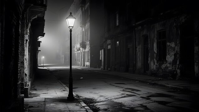 A dimly lit, foggy street at night with old buildings and a solitary street lamp casting light.