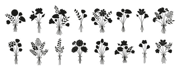 Set of summer delicate flower bouquets silhouettes in black color on white background. Bunches of wildflowers tied with ribbons. Vector illustration of meadow herbs and wild plants for design projects