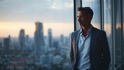 Confident executive standing by large office window overlooking city skyline