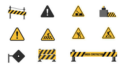 Construction warning signs and barriers on white background