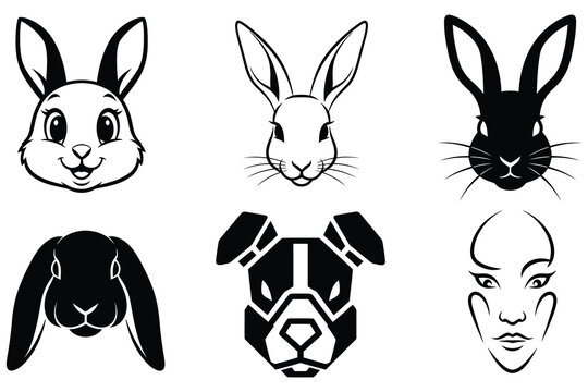 Assorted Set of Six Animal Head Icons Including Cartoon Rabbit, Geometric Dog, and Abstract Faces