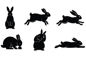 Collection of diverse black rabbit silhouettes demonstrating active and relaxed poses including running, sitting, and feeding.