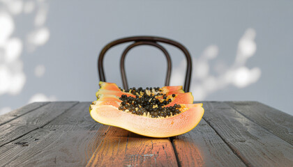 Papaya Halves on Wooden Table
