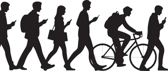 People Walking with Phones  Minimalist Silhouette Vector