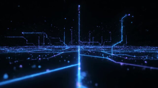 Dynamic digital network with glowing lines and data streams, ideal for tech, AI, and futuristic concepts, modern design