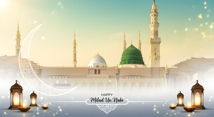 Milad un Nabi Maulid or Mawlid al Nabi islamic background banner with Madina holy mosque golden decorated dome